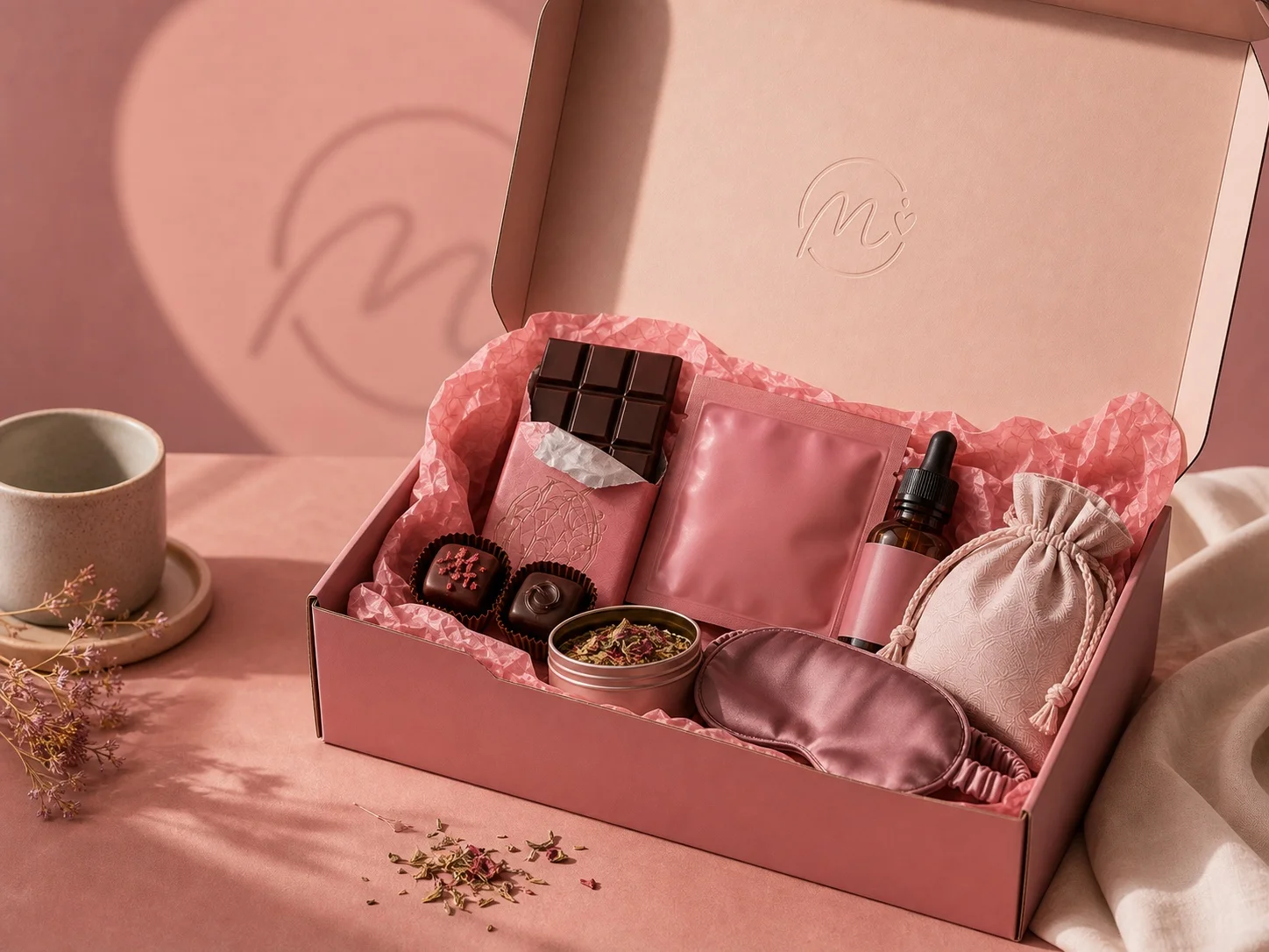 Caixa Meu Chamego aberta com chocolate, chá, cuidados para a pele e pequenos itens de conforto