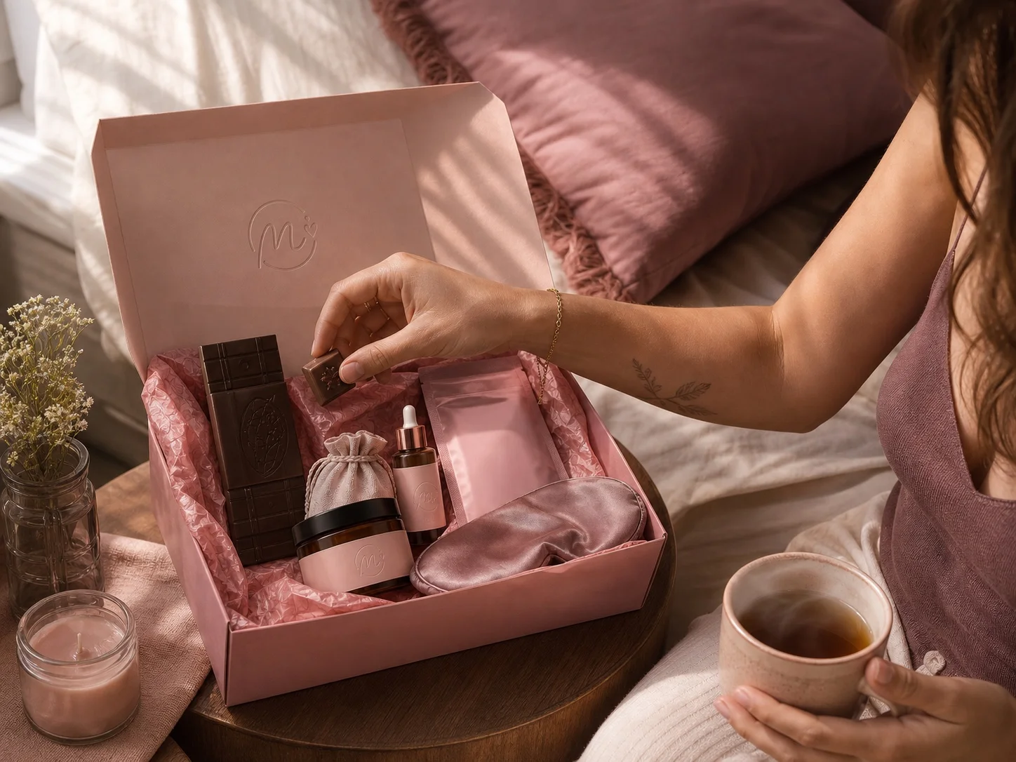 Mulher vivendo uma pausa com chocolate, chá e pequenos cuidados da caixa Meu Chamego